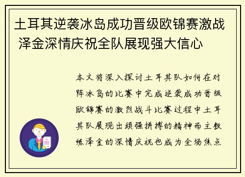 土耳其逆袭冰岛成功晋级欧锦赛激战 泽金深情庆祝全队展现强大信心
