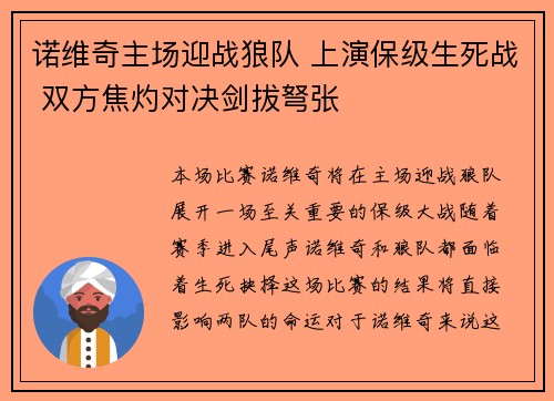 诺维奇主场迎战狼队 上演保级生死战 双方焦灼对决剑拔弩张