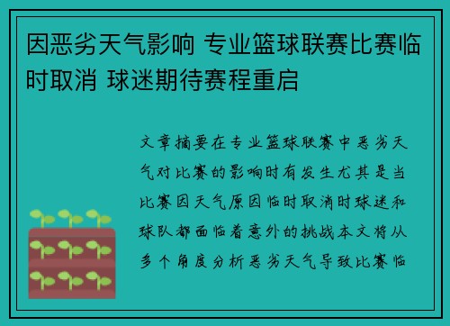 因恶劣天气影响 专业篮球联赛比赛临时取消 球迷期待赛程重启