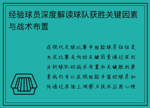 经验球员深度解读球队获胜关键因素与战术布置