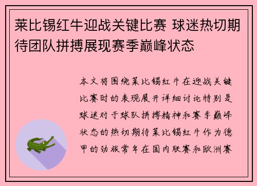 莱比锡红牛迎战关键比赛 球迷热切期待团队拼搏展现赛季巅峰状态