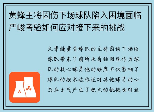 黄蜂主将因伤下场球队陷入困境面临严峻考验如何应对接下来的挑战
