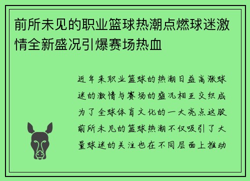 前所未见的职业篮球热潮点燃球迷激情全新盛况引爆赛场热血